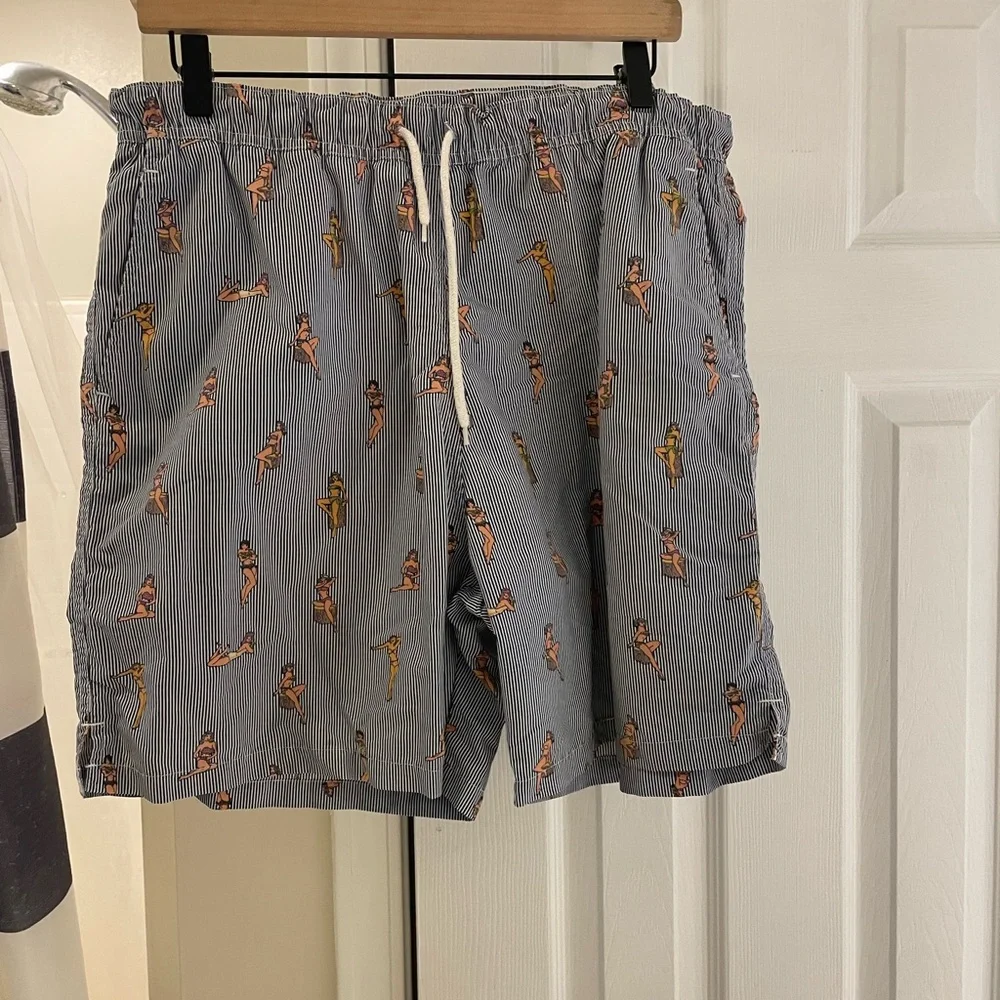 Peter‎ Millar Navy and White Striped Swim Trucks with bikini women print medium